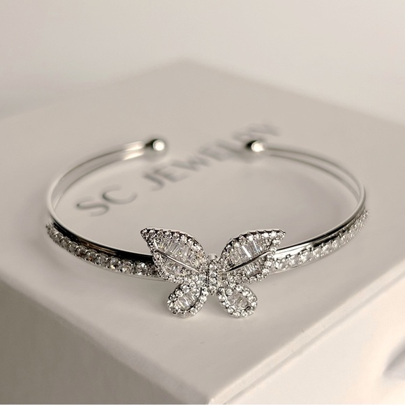 Butterfly Bangle Bracelet Platinum Plated Baguette Stone - Picture 3 of 12